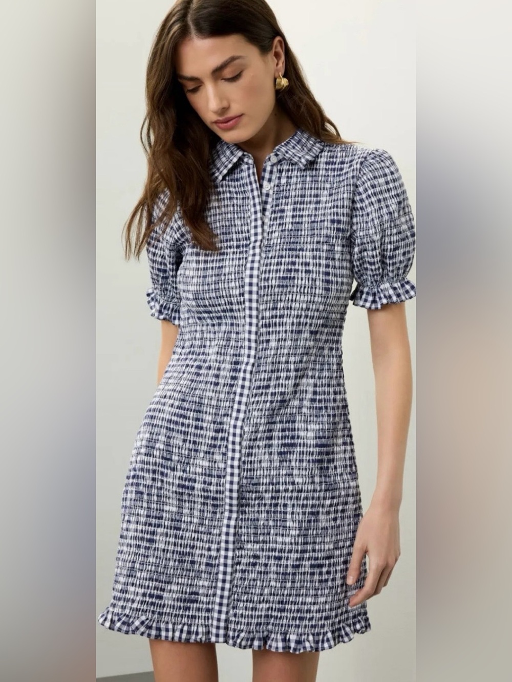 Jason Wu Navy and White Gingham Smocked Button-Down Top